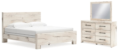 Cama King con paneles Lawroy, tocador y espejo