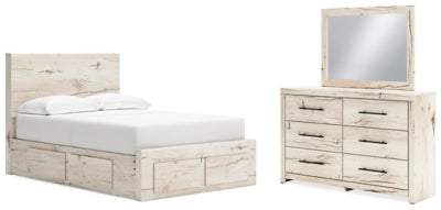 Cama con almacenamiento, tocador y espejo Lawroy con paneles completos