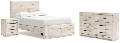 Cama con almacenaje completo, cómoda y mesita de noche Lawroy
