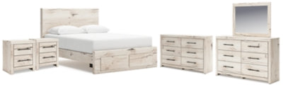 Cama Queen Lawroy con espacio de almacenaje, dos cómodas, espejo y dos mesitas de noche