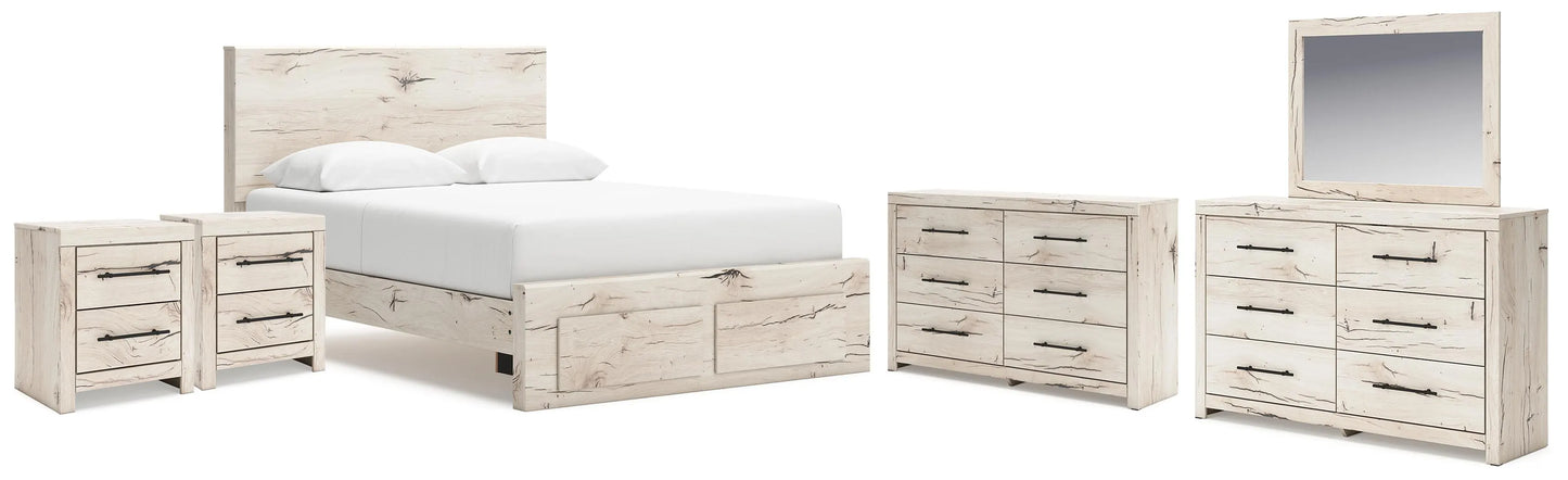 Cama Queen Lawroy con espacio de almacenaje, dos cómodas, espejo y dos mesitas de noche