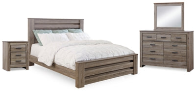 Cama King Zelen con paneles, cómoda, espejo y mesita de noche