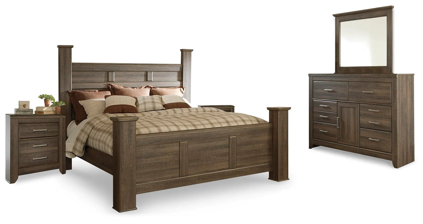 Cama con dosel California King de Juararo, cómoda, espejo y dos mesitas de noche