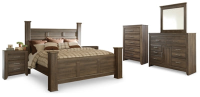 Cama con dosel Juararo King, cómoda, espejo, cómoda y dos mesitas de noche