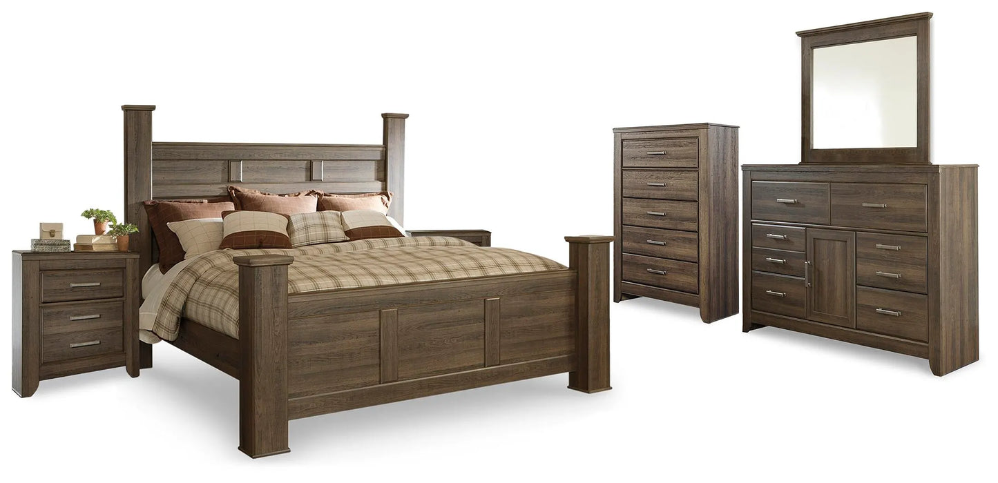 Cama con dosel Juararo King, cómoda, espejo, cómoda y dos mesitas de noche