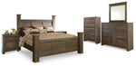Cama con dosel Juararo King, cómoda, espejo, cómoda y dos mesitas de noche