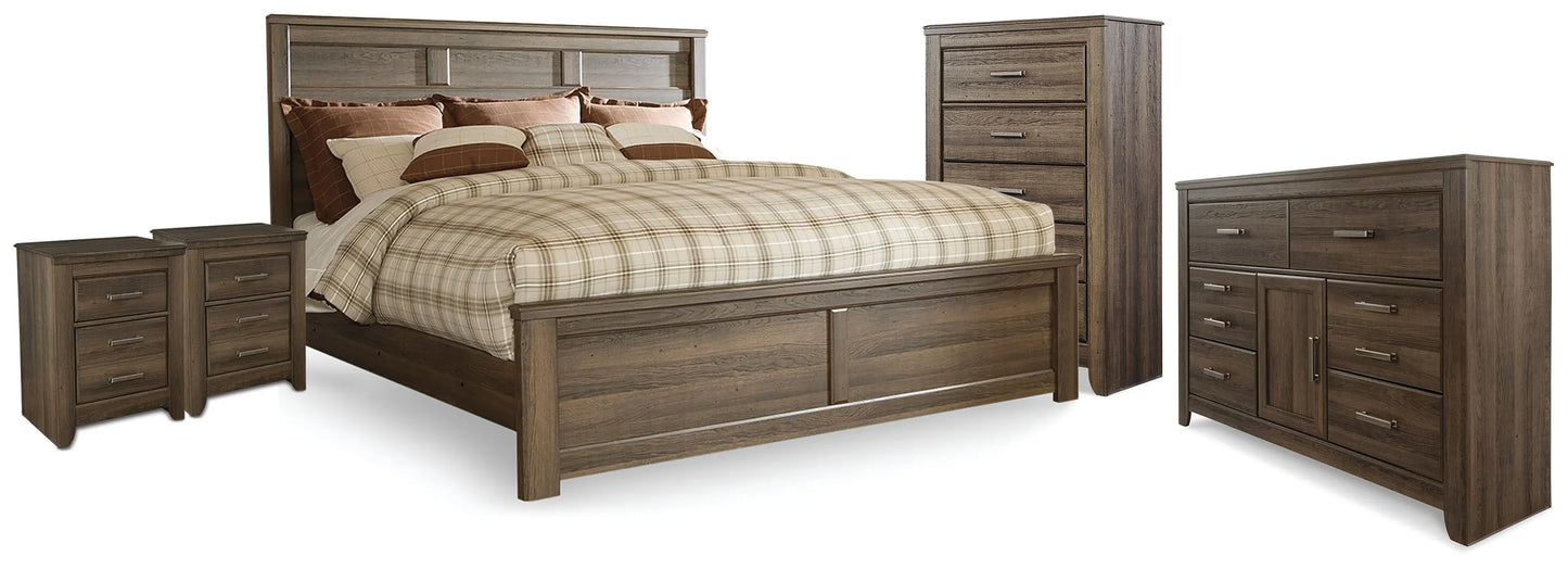 Cama King Juararo con paneles, cómoda, arcón y dos mesitas de noche