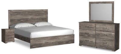 Cama Ralinksi King con paneles, tocador, espejo y mesita de noche