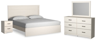 Cama Stelsie King con paneles, tocador, espejo y mesita de noche