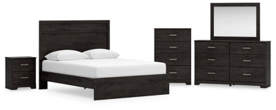 Cama Queen Belachime con paneles, tocador, espejo, cómoda y mesita de noche