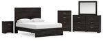 Cama Queen Belachime con paneles, tocador, espejo, cómoda y mesita de noche