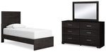 Cama doble con paneles, cómoda y espejo Belachime