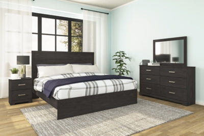 Cama King Belachime con paneles, tocador, espejo y mesita de noche