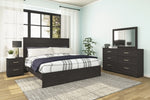 Cama King Belachime con paneles, tocador, espejo y mesita de noche