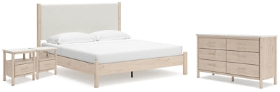 Cama Cadmori King con paneles, cómoda y dos mesitas de noche