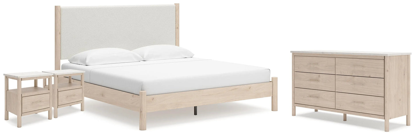 Cama Cadmori King con paneles, cómoda y dos mesitas de noche