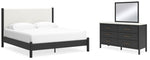 Cama Cadmori King con paneles tapizados, tocador y espejo