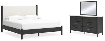 Cama Cadmori King con paneles tapizados, tocador y espejo