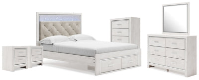 Cama Queen Altyra con espacio de almacenamiento, espejo, cómoda y dos mesitas de noche