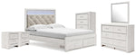 Cama Queen Altyra con espacio de almacenamiento, espejo, cómoda y dos mesitas de noche
