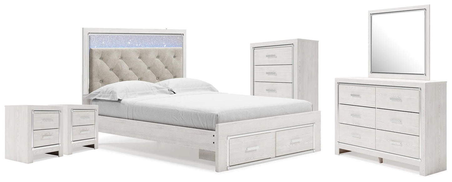 Cama Queen Altyra con espacio de almacenamiento, espejo, cómoda y dos mesitas de noche