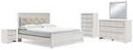 Cama King Altyra con paneles, tocador, espejo, cómoda y mesita de noche