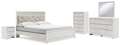 Cama King Altyra con paneles, tocador, espejo, cómoda y mesita de noche