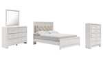 Cama Queen Altyra con paneles tapizados, tocador, espejo y cómoda