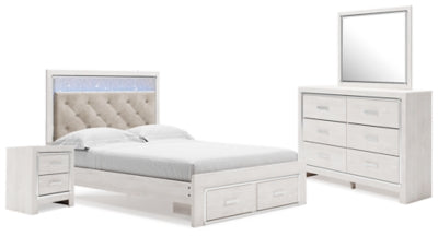 Cama Queen Altyra con almacenamiento, tocador con espejo y mesita de noche