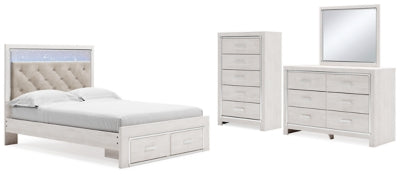 Cama Queen Altyra con almacenamiento, tocador, espejo y cómoda