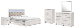 Cama King Altyra con almacenaje tapizado, tocador, espejo, cómoda y mesita de noche