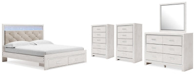 Cama King Altyra con almacenaje, tocador, espejo y dos cómodas