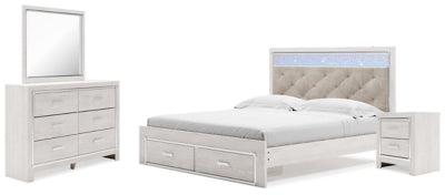 Cama Altyra King con almacenamiento, tocador, espejo y mesita de noche con paneles tapizados