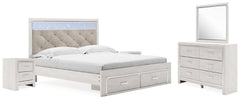 Cama King Altyra tapizada con almacenaje, tocador, espejo y dos mesitas de noche
