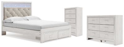Cama Queen Altyra con almacenaje, cómoda y arcón