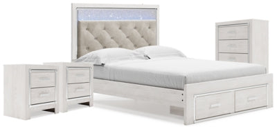 Cama Queen Altyra con almacenaje, cómoda y dos mesitas de noche