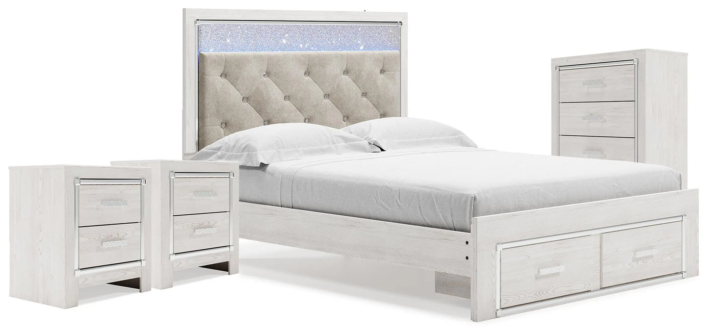Cama Queen Altyra con almacenaje, cómoda y dos mesitas de noche