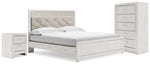 Cama King Altyra con paneles, cómoda y dos mesitas de noche