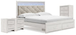 Cama King Altyra con almacenaje, cómoda y dos mesitas de noche