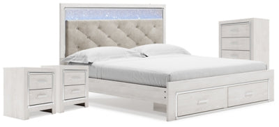 Cama King Altyra con almacenaje, cómoda y dos mesitas de noche