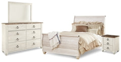 Cama Willowton Queen tipo trineo con tocador con espejo y mesita de noche