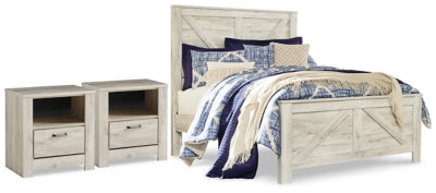 Cama Queen Bellaby con paneles Crossbuck y dos mesitas de noche