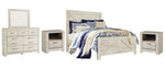 Cama Queen Bellaby con paneles en forma de cruz, tocador, espejo y dos mesitas de noche