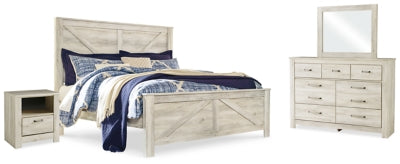 Cama con paneles Bellaby King Crossbuck, tocador, espejo y mesita de noche