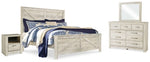 Cama con paneles Bellaby King Crossbuck, tocador, espejo y mesita de noche