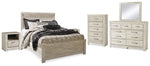 Cama Queen Bellaby con paneles, tocador, espejo, cómoda y dos mesitas de noche