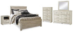 Cama Queen Bellaby con paneles, tocador, espejo, cómoda y dos mesitas de noche