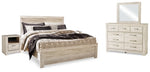 Cama Bellaby King con paneles, tocador, espejo y dos mesitas de noche