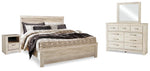 Cama Bellaby King con paneles, tocador, espejo y dos mesitas de noche