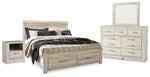 Cama Bellaby King con almacenamiento, tocador, espejo y mesita de noche